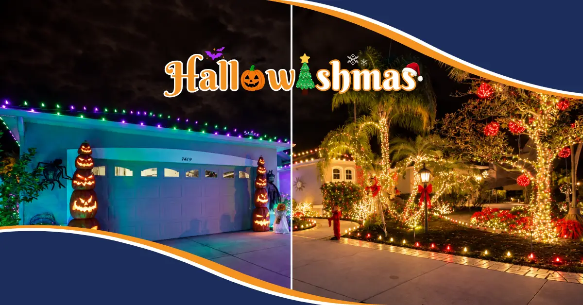 Split-view home decorated with purple and green Halloween roofline lights and glowing pumpkins on one side, and festive Christmas lights on palm trees on the other.