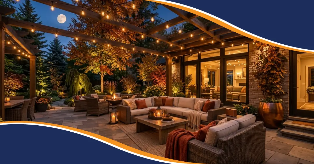 Cozy fall patio with warm string lights, landscape lighting, illuminated trees, and comfortable outdoor seating for evening entertaining.